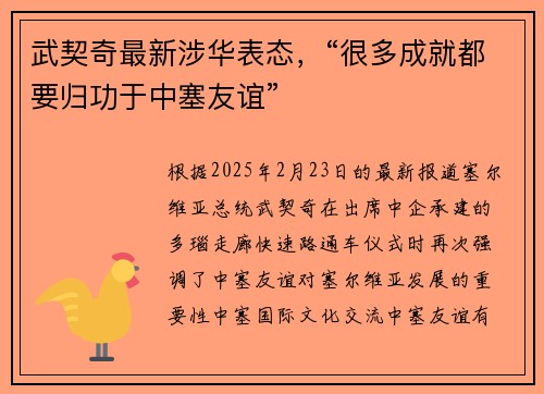 武契奇最新涉华表态，“很多成就都要归功于中塞友谊”