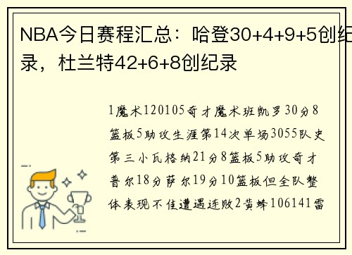 NBA今日赛程汇总：哈登30+4+9+5创纪录，杜兰特42+6+8创纪录
