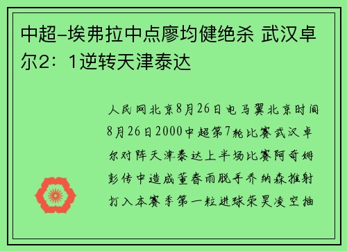 中超-埃弗拉中点廖均健绝杀 武汉卓尔2：1逆转天津泰达